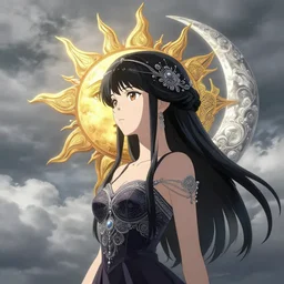 cloudy sky has a face, intelligent girl, elegant, anime, fantasy, sun and moon, unique, highly detailed, artstation, magical, intricate, 4 k, art by studio bind and kyoto animation and wit studio and hyeyoung kim