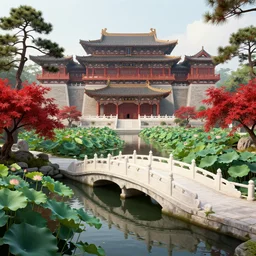 ancient magnificent chinese palace in paradise, canals, white marble bridge, lotus garden, red maple trees, pine trees, by leon tukker, photography, cinematic lighting, octane render, artstation