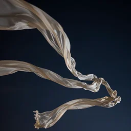 twisted ribbons of beautiful fabric unravel in strong winds across a dark night sky, unreal engine