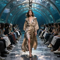 A fashion Catwalk in an underwater glass tunnel, Fashion Photography, Concept Art, Octane, Redshift, High Detail