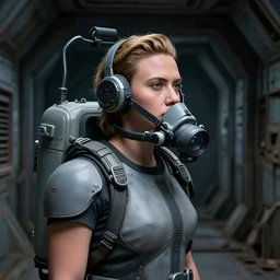 scarlett johansson wearing futuristic breathing apparatus, searching an derelict dark hallway of a abandoned spaceship with a flashlight, afro samurai anime style, black and white, pencil and ink manga panels showing different angles of scene