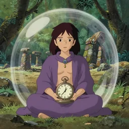 hyperrealist, studio ghibli dull colors portrait cartoon from close encounters of the third kind 1 9 7 7 of a mauve pocketwatch shaman meditating in a wide bubble jungle desert stonehenge.