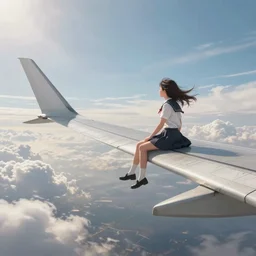 surreal photorealistic scene of a girl sitting on the wing of a flying airplane, side view, wide shot, very windy, sunny morning light, 4 k, hyperrealism, hdr, volumetric lighting, cinematic composition, artstation, digital anime photo concept illustrated by noriyoshi ohrai and magali villeneuve and john william waterhouse and artgerm