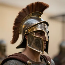 a warrior wearing a corinthian helmet, museum photography, closeup, bokeh, golden hour