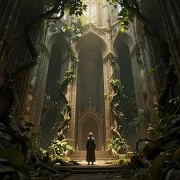 Inside a dystopian Cathedral, (((((((((an overgrown forest, vine-covered cave entrance in shadow))))))))), warm light dappled through the leaves, Wadim Kashin, in Peter Elson color scheme, featured in artstation, octane render, cinematic, elegant, intricate, 8k