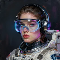 neon cyberpunk programmer with glowing geordi visor over eyes and sleek headphones headshot portrait painting by donato giancola, dean cornwall, rhads, tom whalen, conrad roset astronaut fashion photography
