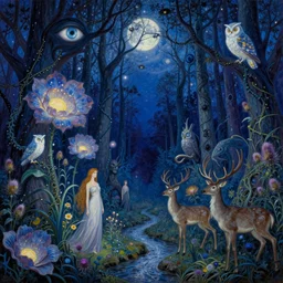 painterly dreamy Kupala Night in the blue forest with trees which have eyes, giant flowers, glowing owls, deers, women, lianas, thistles, giant fantasy creatures, a stream and sky with moon and stars by Alphonse Mucha, Alex Grey, Aron Wiesenfeld and Giger dark fantasy, witcher, very detailed oil painting in the alla prima style, masterpiece, 8k
