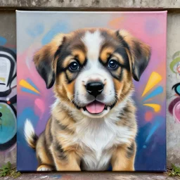 cute puppy as graffiti art on a canvas by lee, spray paint, cinematic, high detail, hyperrealism, photo realistic, masterpiece, centered, trending on artstation
