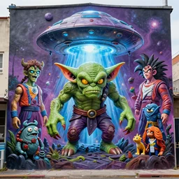 an 8 k photo real glossy hi res volumetric lighting 8 0 mm graffiti mural depicting a gremlin ufo orc zardoz lovecraft stranger manga goku things lord of the rings where the wild things are game of thrones jwst nasa beast monster frightening clay sculpture fright night horror terror super hero toy marvel dynamic surreal godly magical god rays portal milky way galaxy