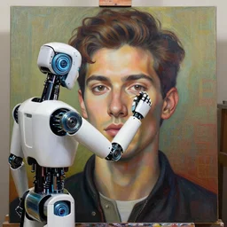 robot artist painting a self - portrait on a canvas. intricate, highly detailed, digital matte painting, in the style of alexandros pyromallis, and in the style of sachin teng, and in the style of hans thoma, ( and in the style of gil elvgren ). irony, recursion, inspiration.