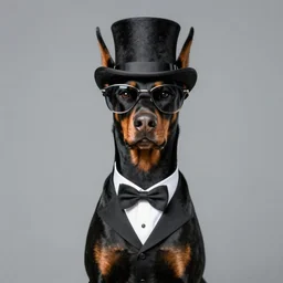 doberman pinscher wearing a tophat and monocle and tuxedo, portrait photograph