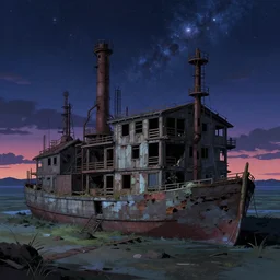 a beautiful hyperdetailed anime illustration of nature abandoned houseboat unfinished building building industrial architecture city urbex by david hockney, at night cosmic tundra at dusk, archdaily, wallpaper, highly detailed, trending on artstation.