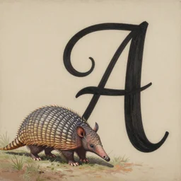 a painting of an armadillo and a huge letter alpha drawn in calligraphy