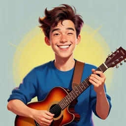 random smiling funny guy with guitar, pop art, aesthetic art, 8 k, asymmetrical, high details, digital painting, concept art, smooth, beautiful, full body perfect, sharp focus, illustration, intricate, art by arstation and mimmo rotella, pixels art by paul robertson