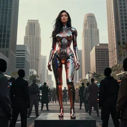 cinematic wide angle view of a dystopian kylie jenner statue in the middle of los angeles being worshipped by shadow figures, orwellian, by neil blevins, high detail, digital art, pop art style, death stranding art style, cinematic lighting, artstation, cgsociety, unreal engine 5 render, octane render, 3 5 mm film grain