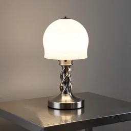 a twisted grimdark caricature of empathy in the form of a deranged lamp, product photo, realistic, clean surfaces, refraction, polished steel table surface. lamp on a reflective metal table