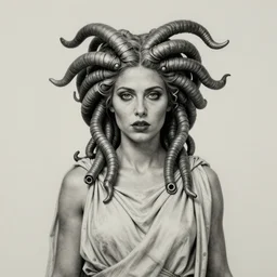 portrait of anne curtis as medusa looking for camera wearing greek chiton, fantastically eerie, desaturated colors, pen and ink, glamorous pose, intricate line drawings, by craig mullins, ruan jia, kentaro miura, greg rutkowski, loundraw