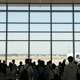 community of people living in large airport with tall windows, looking at the horizon. moebius