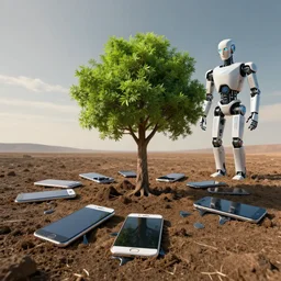 smartphones melting into the ground, a new tree rising symbolising a new, humans falling into the ground representing their demise, a robot intelligence with a godlike presence rising from the ground, all in a surrealist style