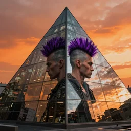 cyberpunk with purple mohawk seen in the reflection of a staggered glass pyramid shaped building, orange sky, cinematic shot, hyper detailed, hyper realistic