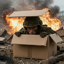 an soldier hiding under cardboard box, in middle of war, explosion environment, post apocalyptic, cinematic