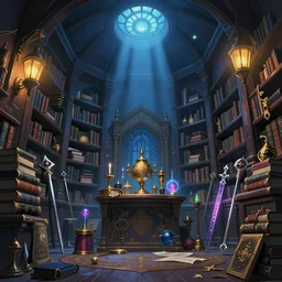 a magicians chamber, filled with books, magic artifacs and magic weapons, lanterns, light from above, blue toned, low angle, epic fantasy, colorfully, detailed illustration, digital art, overdetailed art, concept art, detailed illustration, hd, 4 k, digital art, greg rutkowski, studio ghibli trending on artstation