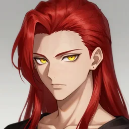 portrait of hisoka morow hunter hunter madonna inspired, 2 0 years old, male, very very sharp jaw yellow eyes very very narrow yellow iris red red red hair soft hair slicked back crimson medium length hair, anime highly detailed, digital painting, artstation, concept art, matte, sharp focus, illustration, art by artgerm and greg rutkowski and alphonse mucha