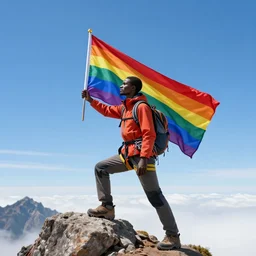 a proud climber holding a rainbow flag, on the uhuru peak at the top of kilimanjaro, looking out over serengeti super detail, realistic professional photo