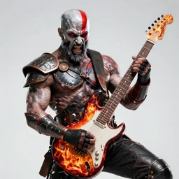 red left eye paint stripe armored screaming kratos rocking out on a flaming stratocaster guitar, cinematic render, god of war 2 0 1 8, playstation studios official media, lightning, flames, clear, coherent