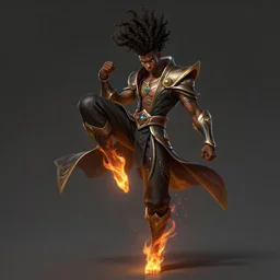 a highly detailed illustration of attractive young black guy with tall hair with flaming feet, heroic kicking pose, intricate, elegant, highly detailed, centered, digital painting, artstation, concept art, smooth, sharp focus, league of legends concept art, wlop