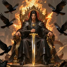 demon sitting in his throne holding a golden sword with ravens flying around while the dragon breathes fire