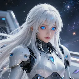 photo of a android girl on a mothership, warframe armor, beautiful face, scifi, futuristic background, galaxy, raytracing, dreamy, focused, sparks of light, pure, long white hair, blue cyborg eyes, glowing, 8 k high definition, insanely detailed, intricate, innocent, art by akihiko yoshida, antilous chao, li zixin, woo kim