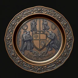 a copper platter with intricate embossing of medieval knights, prop concept, digital art, trending on artstation