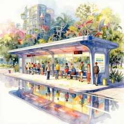 a beautiful insanely intricate watercolor illustration of modern pakring station, reflexions, colorfull, by william turner art, by greg rutkowski, by james jean, by rossdraws, by frank franzzeta, by sakimichan, by edmund dulac, trending on artstation, insanely detailed, masterpiece,
