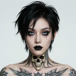 beautiful portrait goth boy, tattoo scull, big eyes, black hair, sharp focus, smooth, digital illustration, by mcbess, dore, symmetry