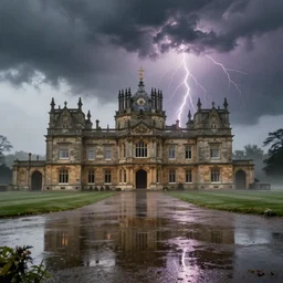 * * < https : / / s. mj. run / a - za 1 hsbu 2 e > a magnificent english manor, rainy day, foggy countryside, wide angle, ultra - hd, ornamental, grandiose architecture, epic scale, super resolution, lightning, dark clouds, ray tracing, dark reflections,