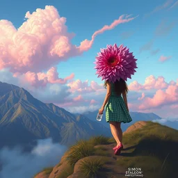 giant dahlia flower crown under head, girl walking on mountain, surreal photography, pink storm clouds, dramatic light, impressionist painting, digital painting, artstation, simon stalenhag