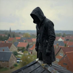hooded assassin perching on a rooftop above a village, painted by craig mullins