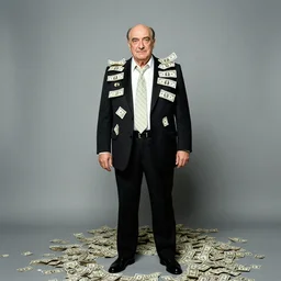 George Soros full body shot, dollar bills Body horror, biopunk, by Ralph Steadman, Francis Bacon, Hunter S Thompson