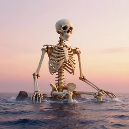 a photorealistic render of a giant skeleton corpse in the middle of the ocean like an island, evening light, dawn, focus on pink, orange and white colors hd, 4 k