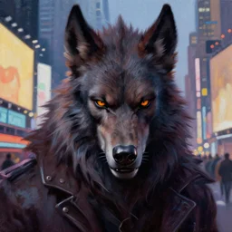 macro portrait of werewolf in times square, painting by frank frazetta, by artgerm