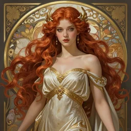 A gorgeous Roman Goddess with long flowing red hair, fantasy, intricate, elegant, highly detailed, D&D, digital painting, artstation, concept art, matte painting, sharp focus, illustration, in the style of Greg Rutkowski and Alphonse Mucha and artemisia gentileschi