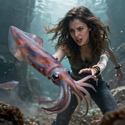 a beautiful woman is attacked by a squid, hyperrealistic, 8 k