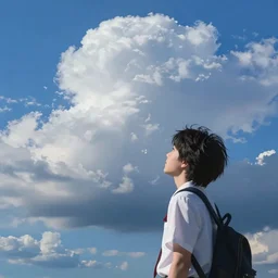 daydreaming student, blue sky, daydreams appearing in the clouds, by makoto shinkai