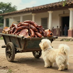 a scene of a havanese dog next to a large cart piled high with sausages and ham, a large cream - colored havanese dog looks at the cart, outside a hacienda in cuba, 1 9 0 0, tartakovsky, atey ghailan, goro fujita, studio ghibli, rim light, mid morning lighting, clear focus, very coherent