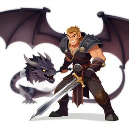 dovahkiin stabs alduin the dragon with his ebony sword, slaying the beast. cartoon style.