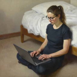highly detailed oil painting of woman wearing glasses with her hair in a ponytail sitting on the carpeted floor beside a bed, working on her laptop, by aron wiesenfeld