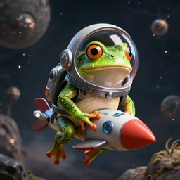 The Wednesday frog with a space helmet, flying a rocket, space frog, space marine frog, Wednesday Frog