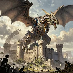 intricate fantasy comic book drawing of a ( giant mechanical dragon ) over a ( stronghold castle ) by dariusz zawadski and simon stalenhag, simon bisley!, jack kirby!!! and gris grimly, cinematic, epic, awesome color palette