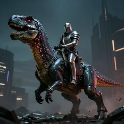 a cyberpunk knight riding a cyborg dinosaur, film still, 8k, cinematic, alexa65